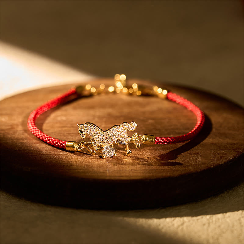 Buddha Stones 925 Sterling Silver Golden Year of the Horse Red String Luck Adjustable Bracelet