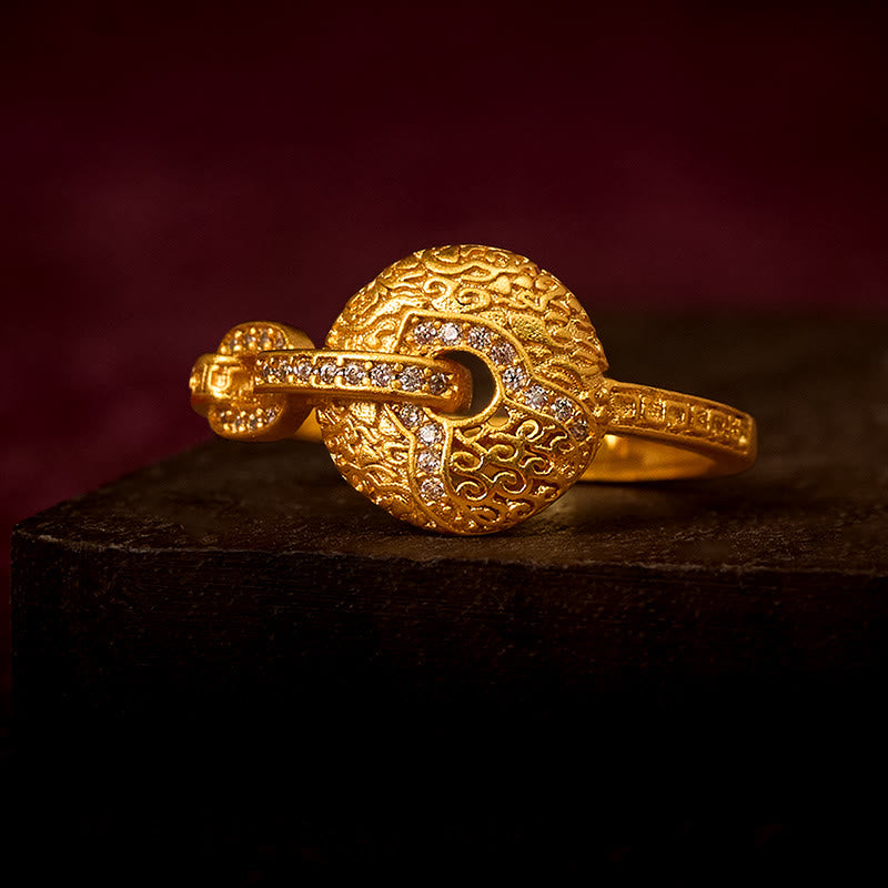 Buddha Stones 24k Gold Plated Brass Hollow Carved Design Peace Buckle Adjustable Fortune Ring