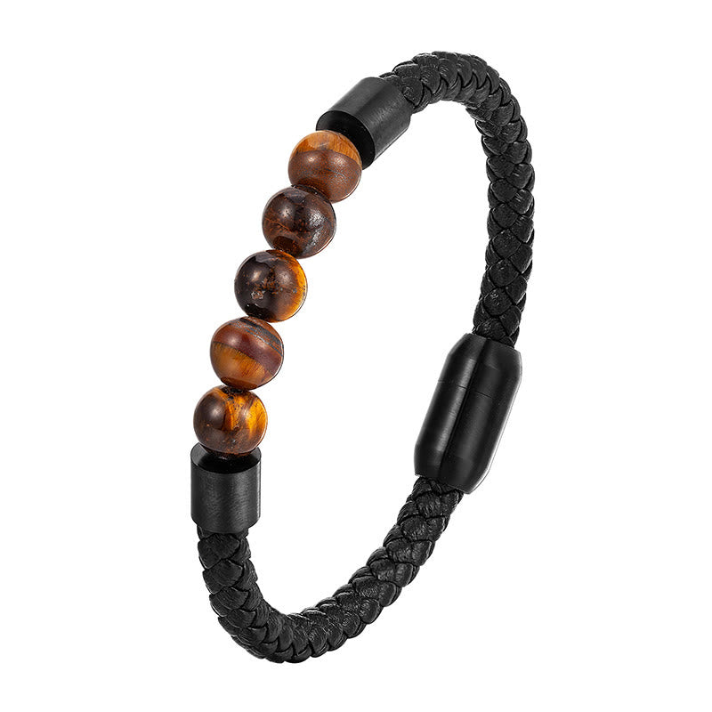 Buddha Stones Frosted Stone Lava Rock Tiger Eye Titanium Steel Stimulation Leather Bracelet