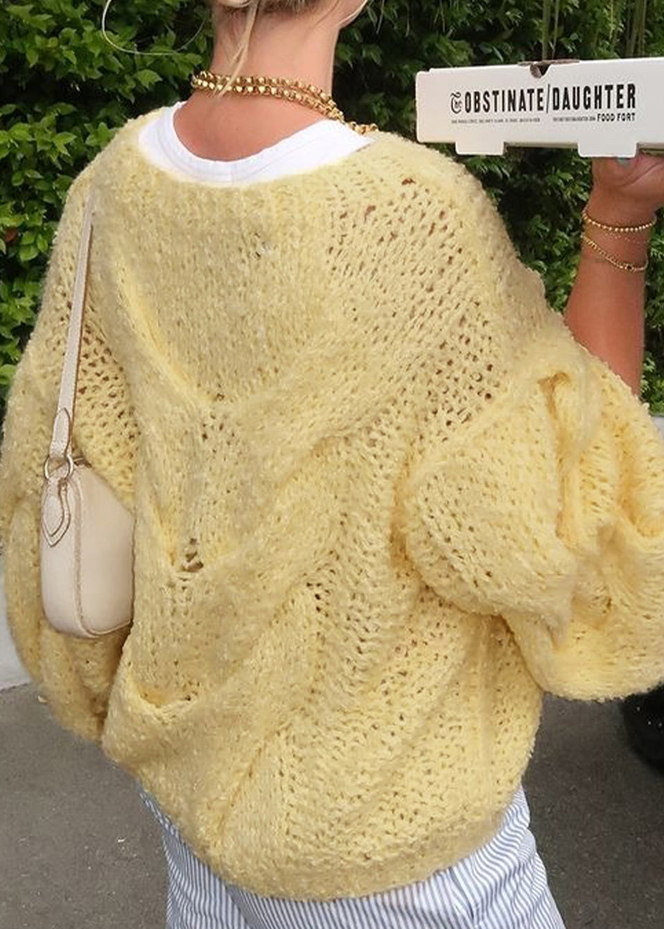 Handmade Yellow O Neck Knit Sweater Tops Lantern Sleeve