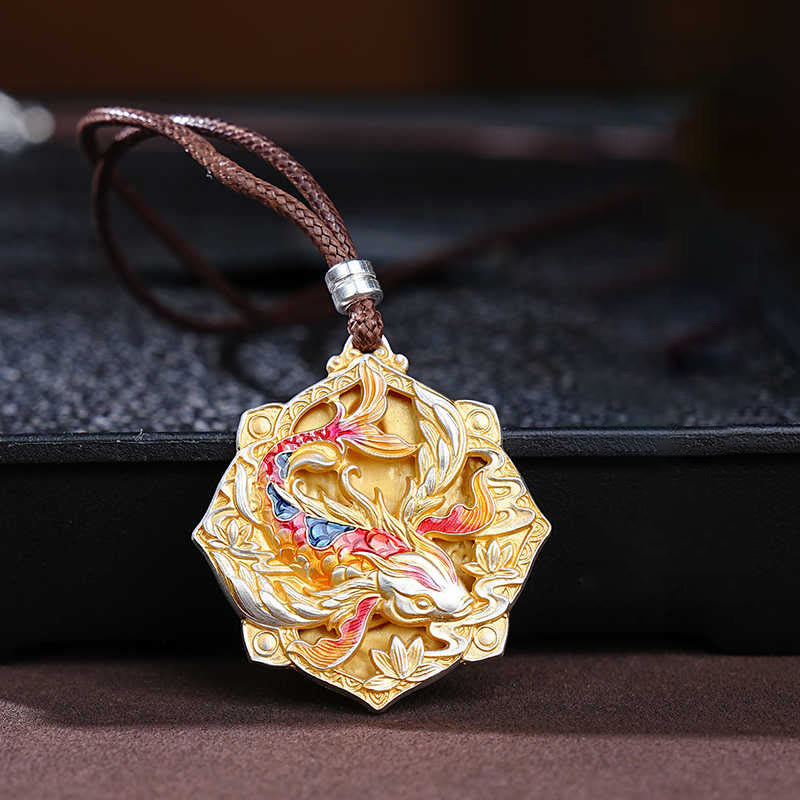 Buddha Stones 999 Sterling Silver Colorful Koi Fish Carved Luck Necklace Pendant