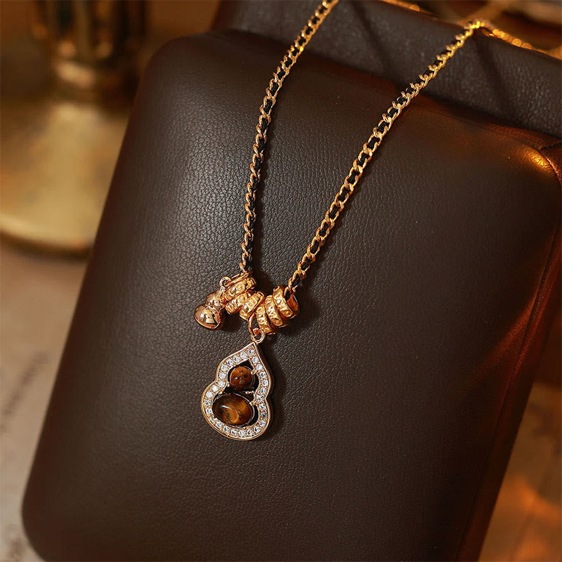 Buddha Stones Double Gourd Tiger Eye Copper Plated Gold Strength Necklace Pendant