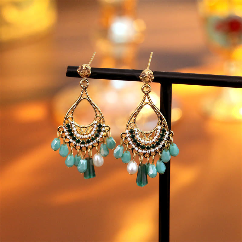 Buddha Stones Teardrop Tassel Copper Self Care Openwork Drop Dangle Earrings