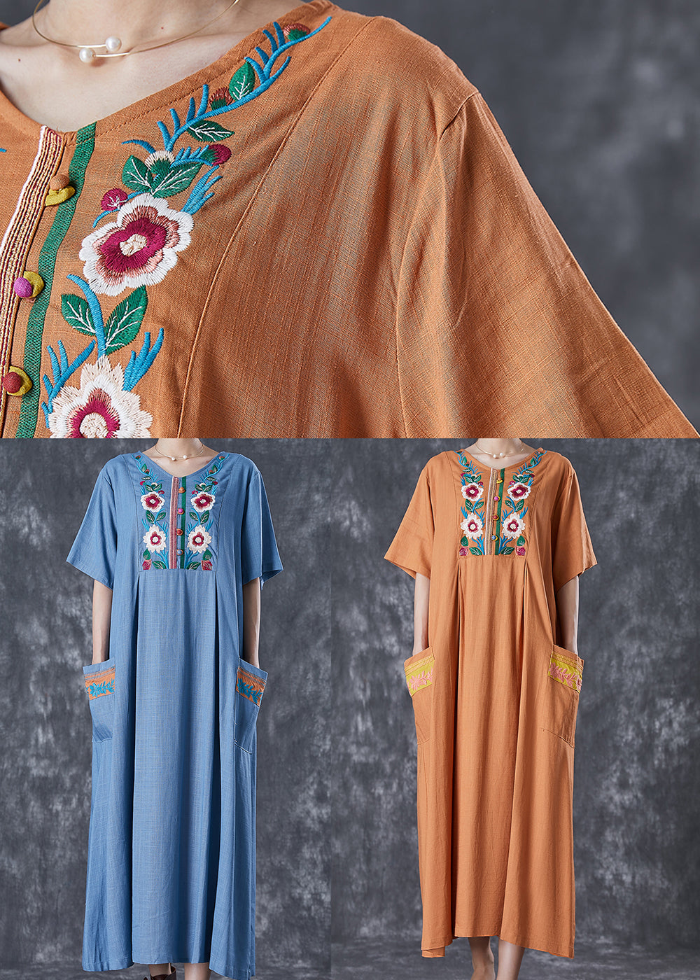 Khaki Embroidered Linen Maxi Dress Summer