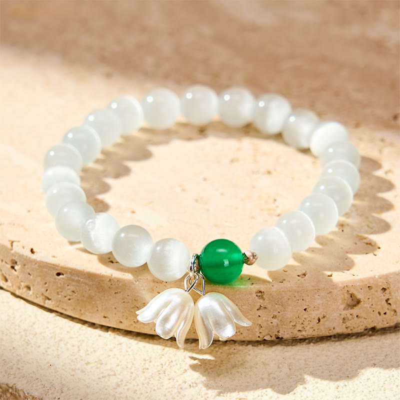 Buddha Stones 8mm White Cat's Eye Round Beads Lily of the Valley Flowers Positive Bracelet