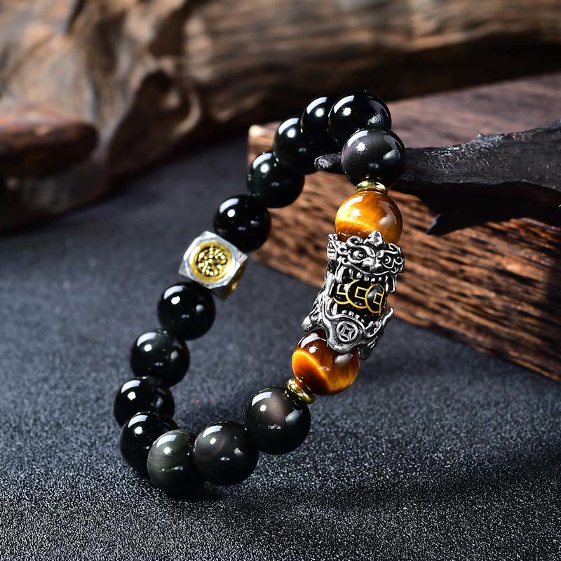 Buddha Stones Natural Black Obsidian Pixiu Tiger's Eye Transformation Bracelet