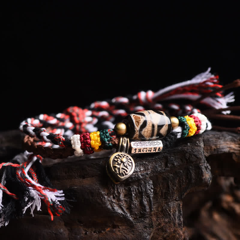 Buddha Stones Dzi Beads Om Mani Padme Hum Double Wrap Braided Rope Peace Bracelet