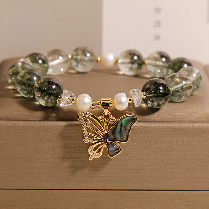 Buddha Stones Green Phantom Pearl Accent Butterfly Growth Beaded Bracelet