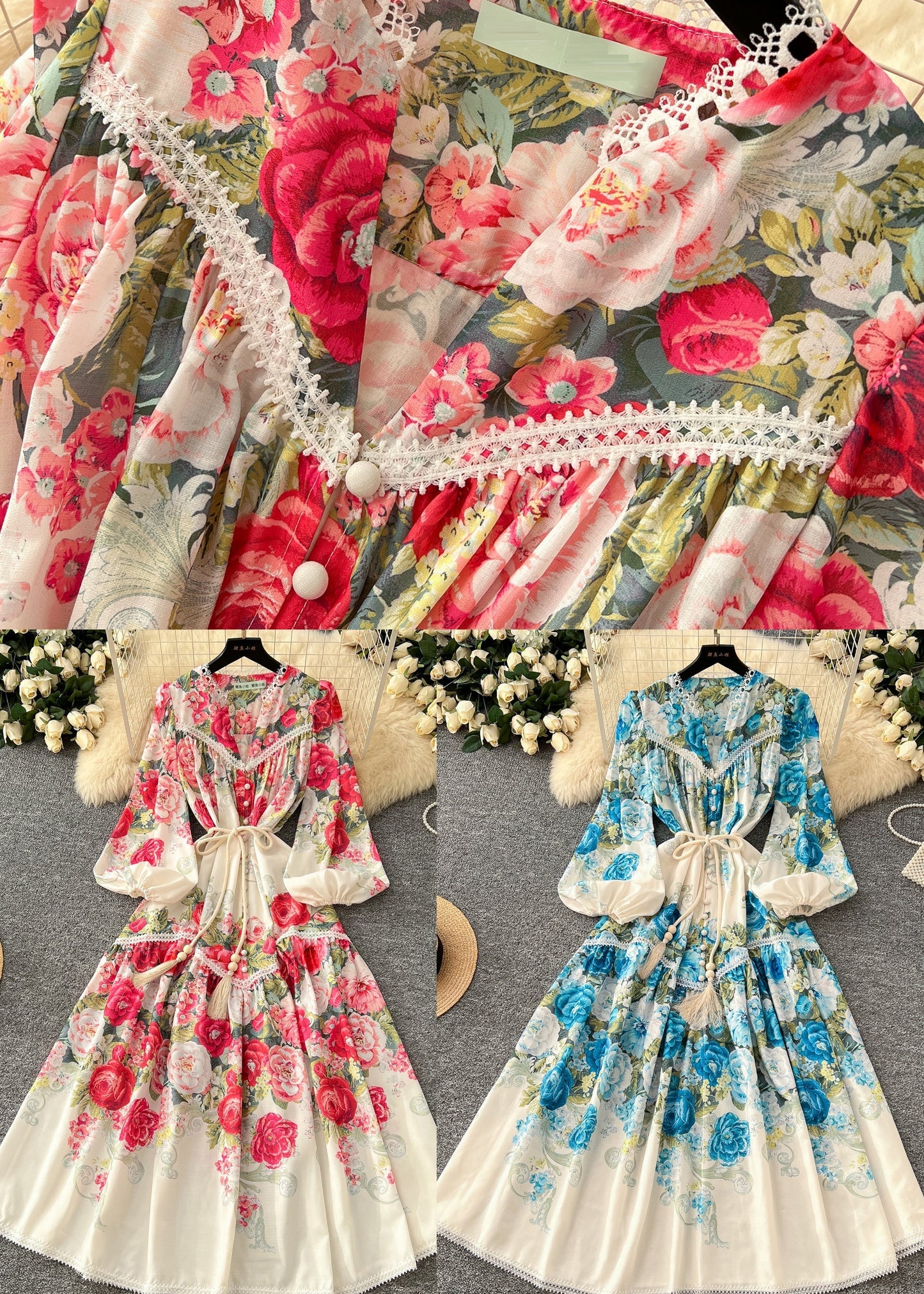 Blue Patchwork Lace Dress Tie Waist Lantern Sleeve