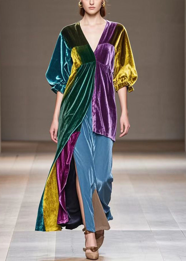 Multicolor Asymmetrical Patchwork Silk Velvet Dress Half Sleeve