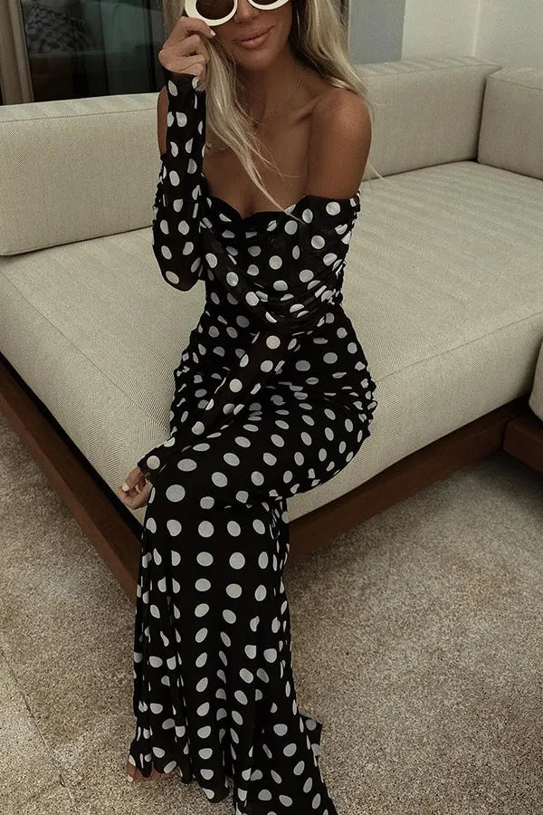Statement Polka Dot Print Off Shoulder Ruched Stretch Maxi Dress