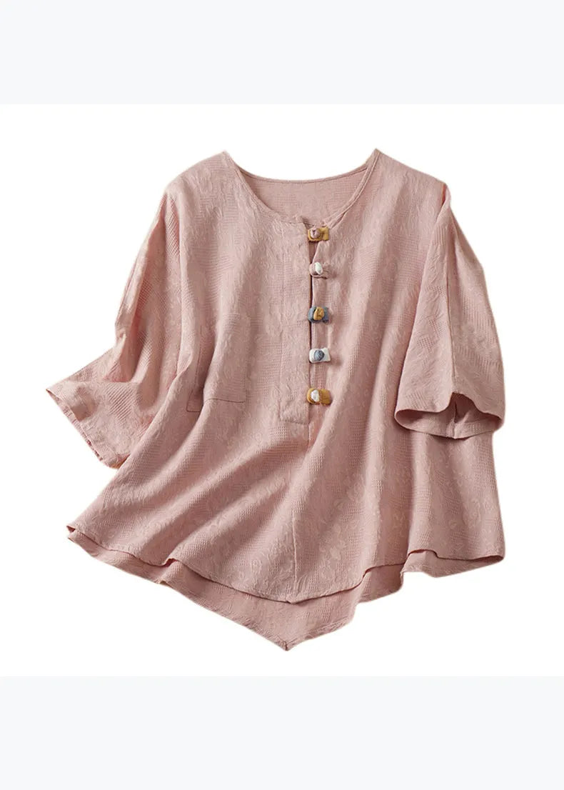 Blue O Neck Chinese Button Jacquard Linen Shirt Summer