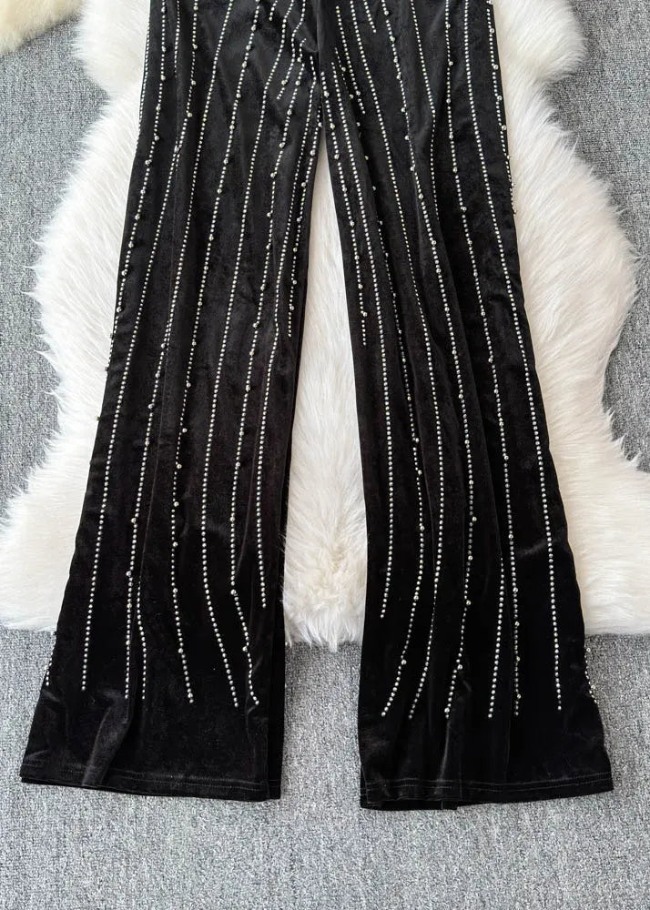 Mulberry Striped Zircon Silk Velvet Wide Leg Pants Spring