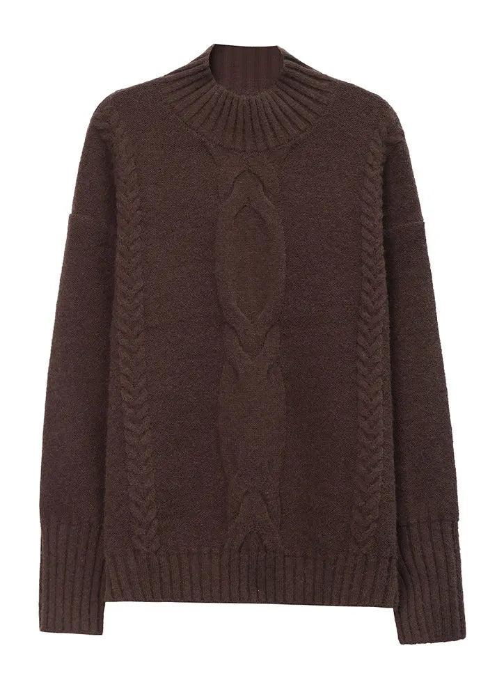 Coffee Half Hign Neck Thick Patchwork Knitted Sweaters Fall