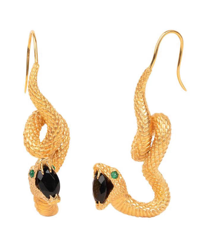 Retro Gold 14k Gold Black Agate Emerald Snakelike Drop Earrings