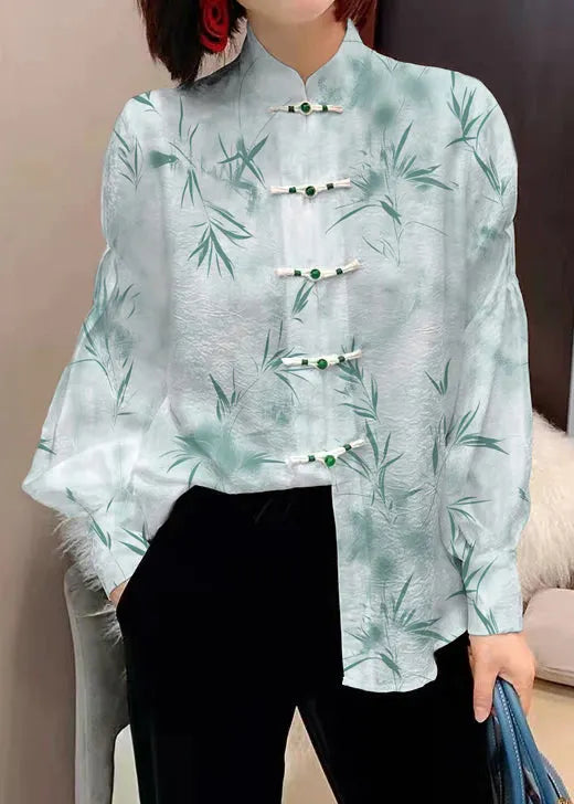 Chinese Style White Stand Collar Button Jacquard Silk Blouse Tops Lantern Sleeve