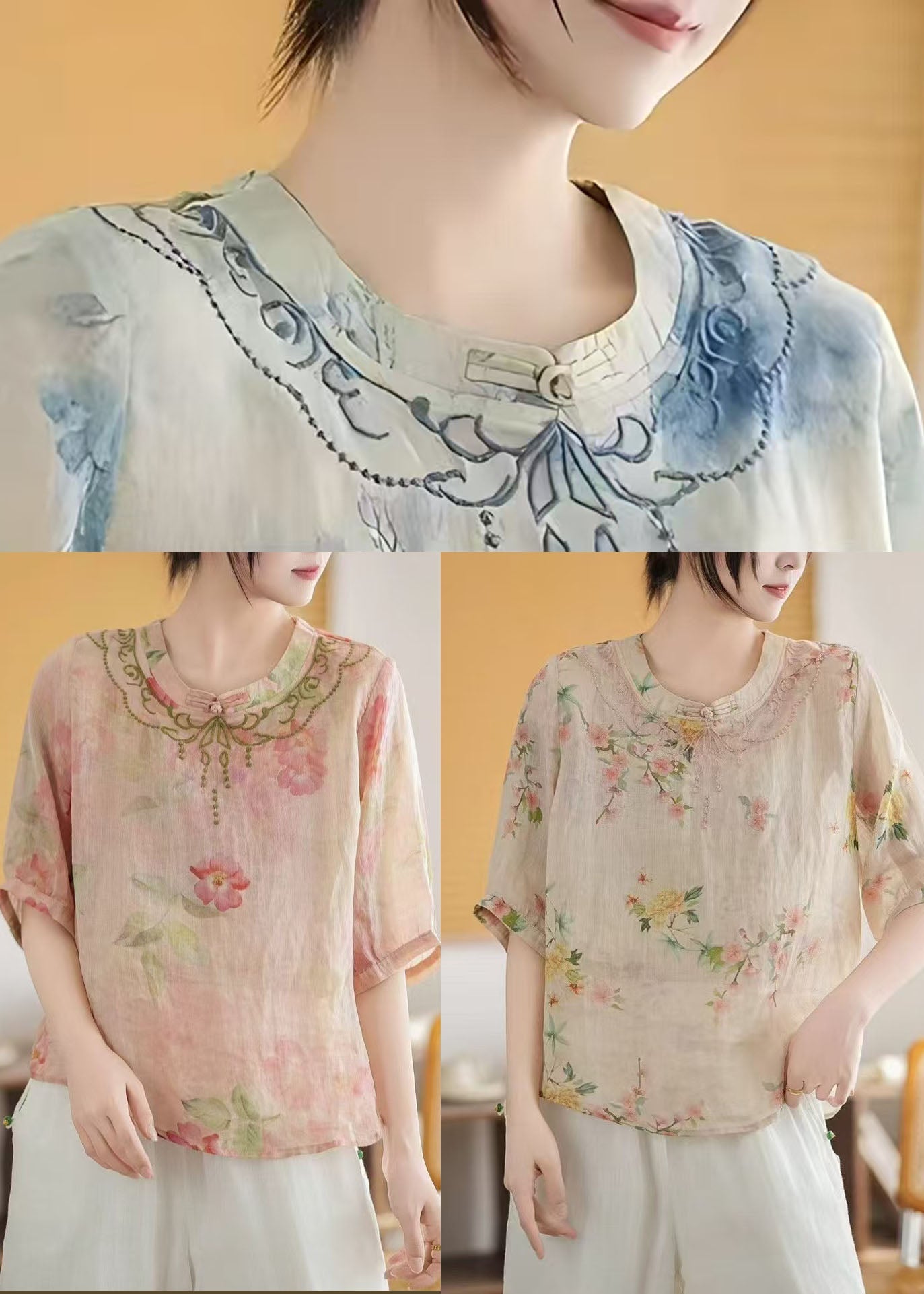 Pink Print Chinese Style Linen Top Summer