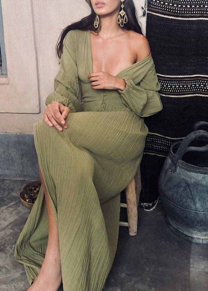 French Pink V Neck Wrinkled Side Open Cotton Dress Long Sleeve
