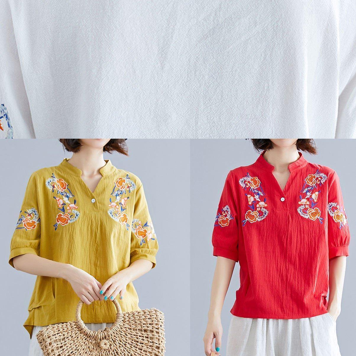 Yellow Embroidery Linen Cotton Blouse Sewing V Neck Summer Top