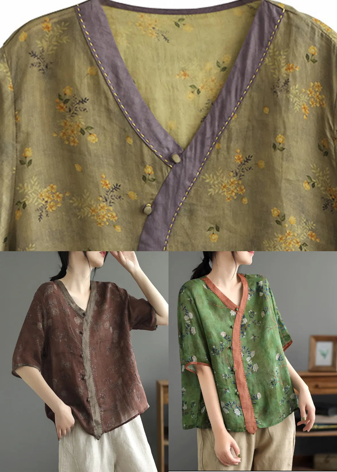 Green Print Ramie T Shirt Summer