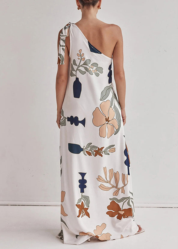 Italian White One Shoulder Print Cotton Vacation Dresses Summer