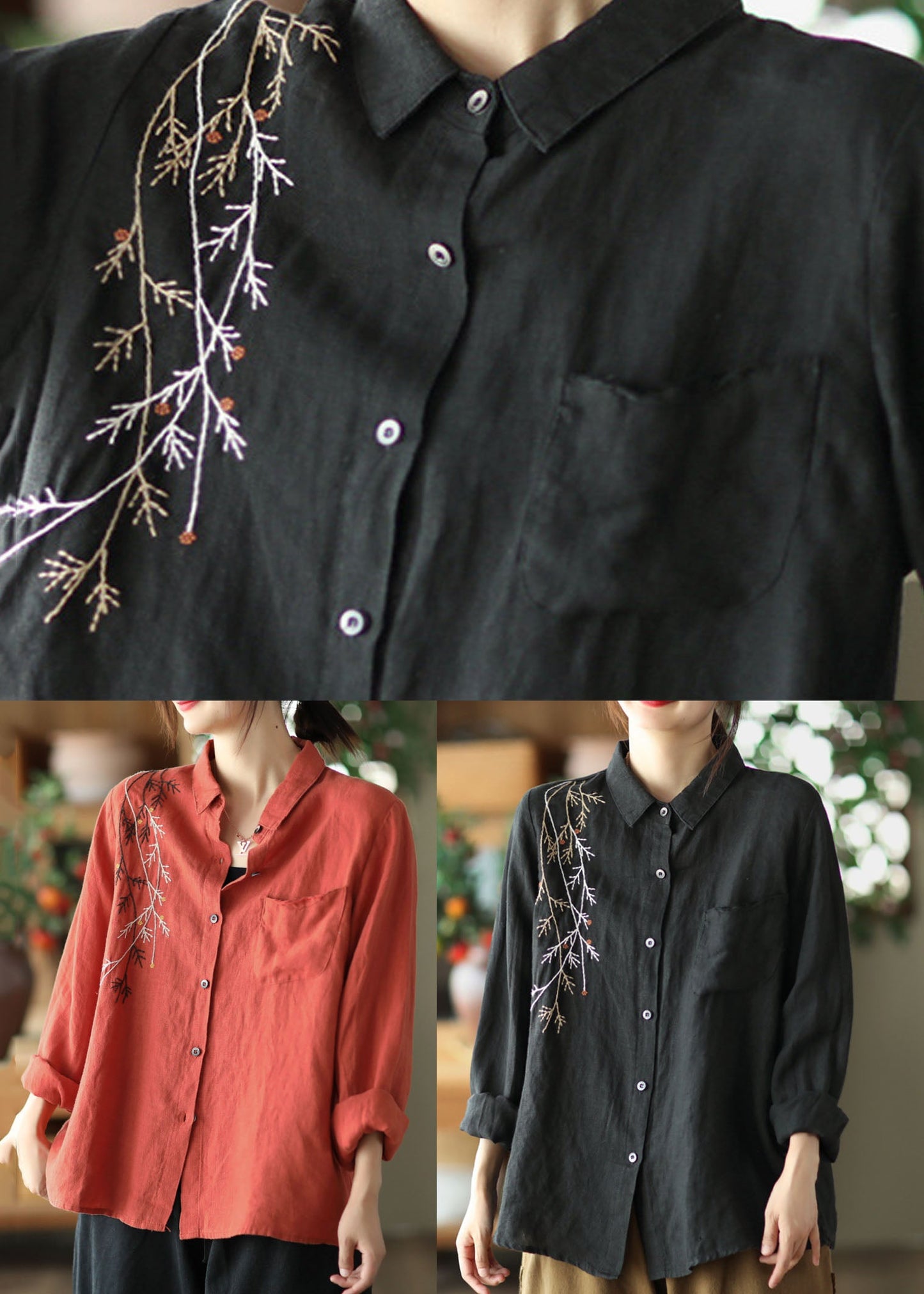Black Peter Pan Collar Embroidered Linen Blouse Spring