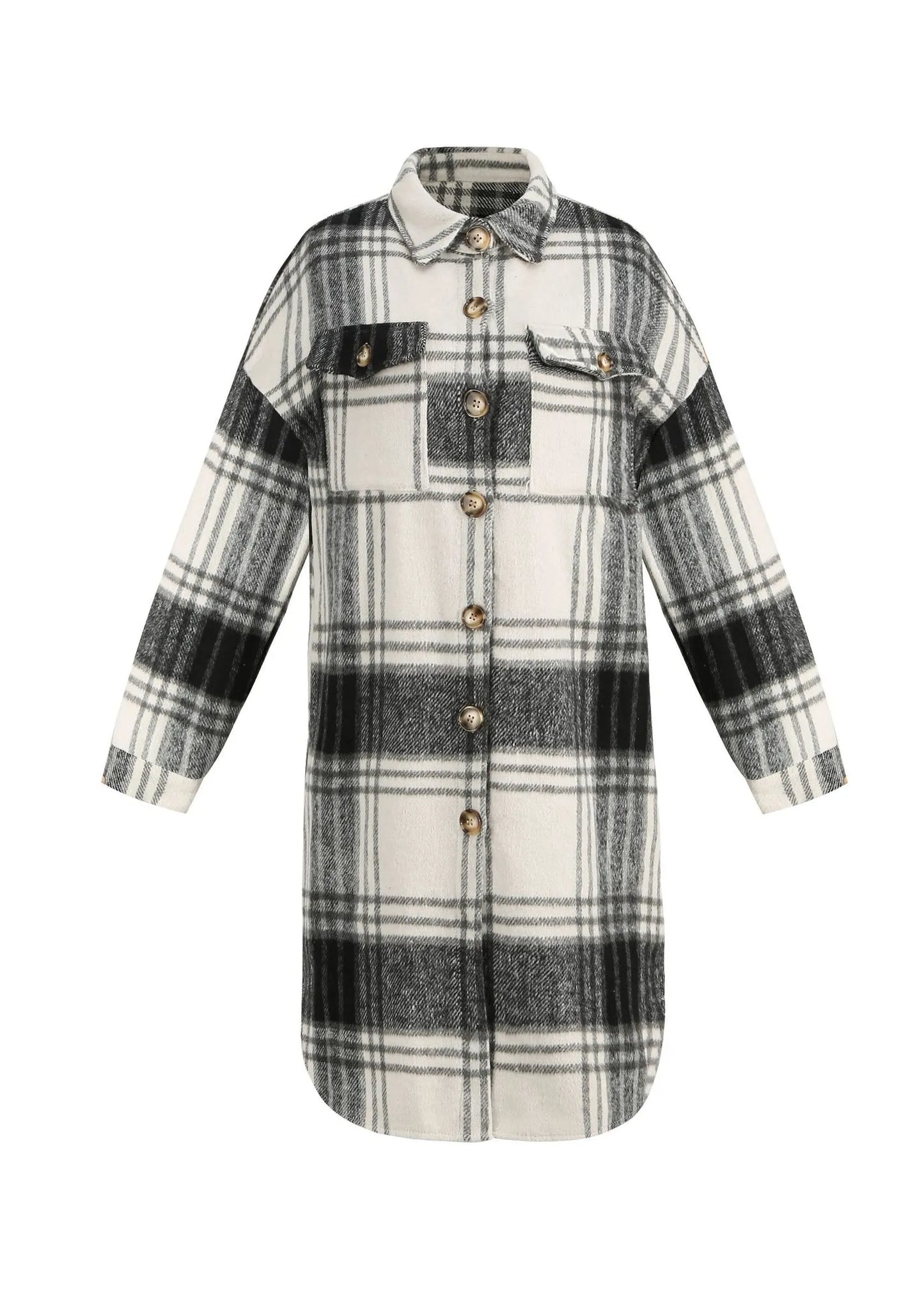 Black Peter Pan Collar Plaid Woolen Shirts Coat Spring