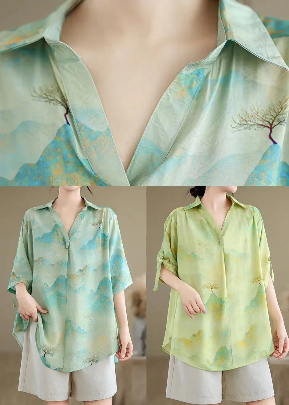 Grass Green Print Chiffon Shirt Oversized Half Sleeve