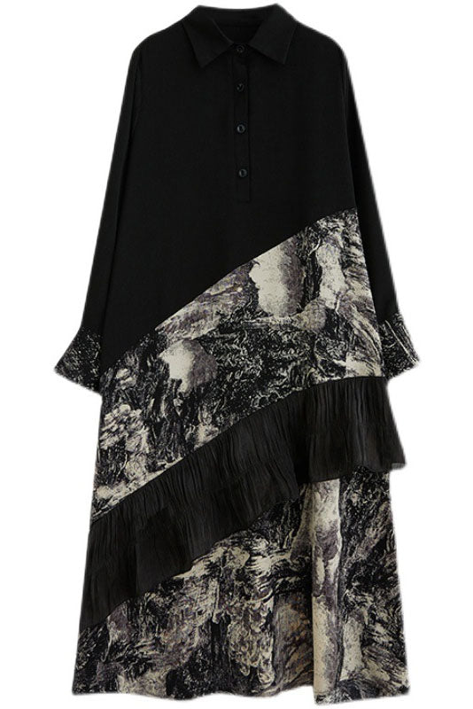 Spring Stitching Print Ruffled Long Dress