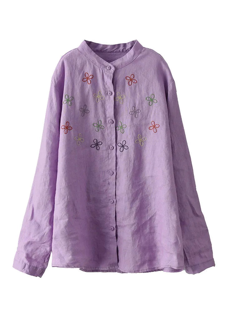 Purple Stand Collar Embroidered Linen Shirt Long Sleeve