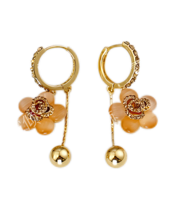 Fine Gold Alloy Zircon Cat Eye Stone Drop Earrings