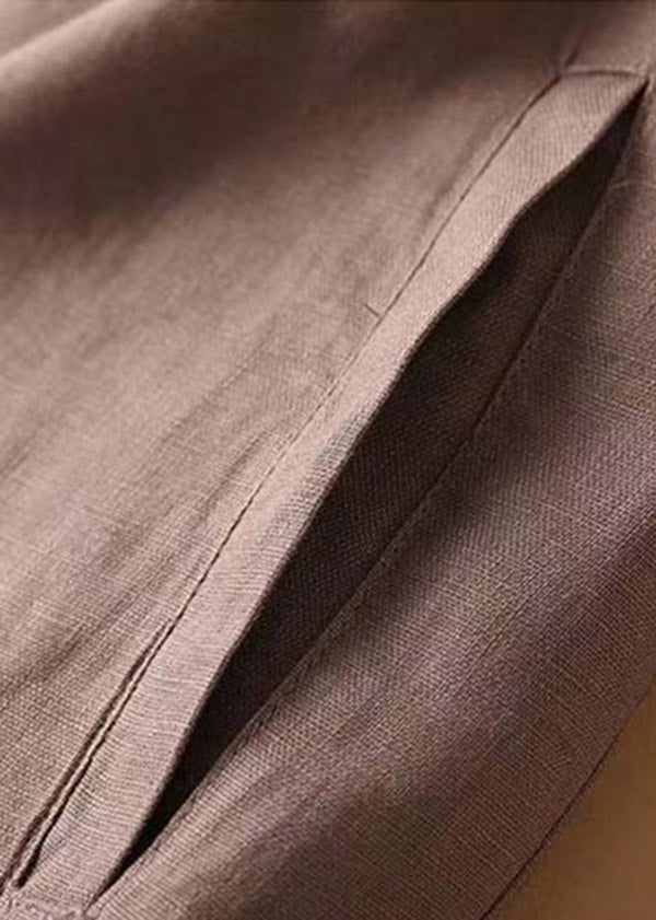 Brown Pockets Elastic Waist Button Linen Straight Pants Summer