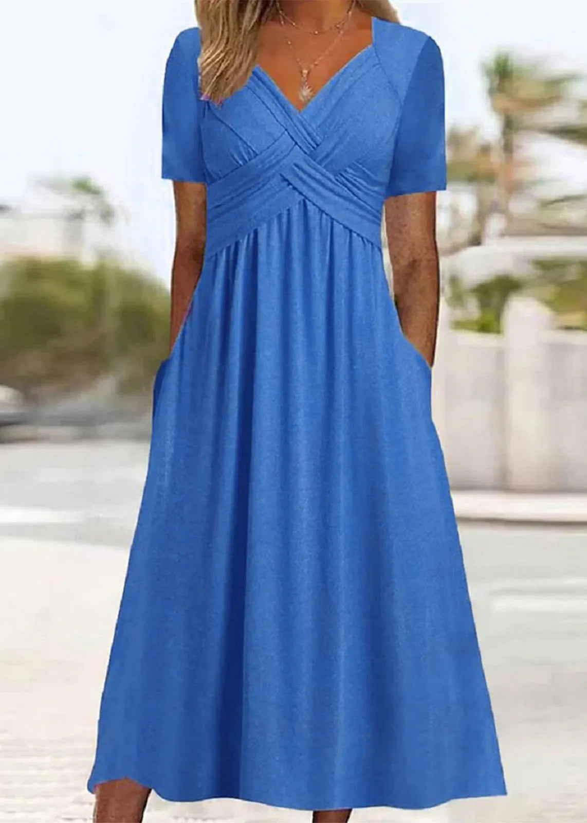 New Green V Neck Pockets Cotton Long Dress Summer