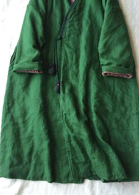 Green V Neck Button Cotton Filled Parka Long Coats Winter