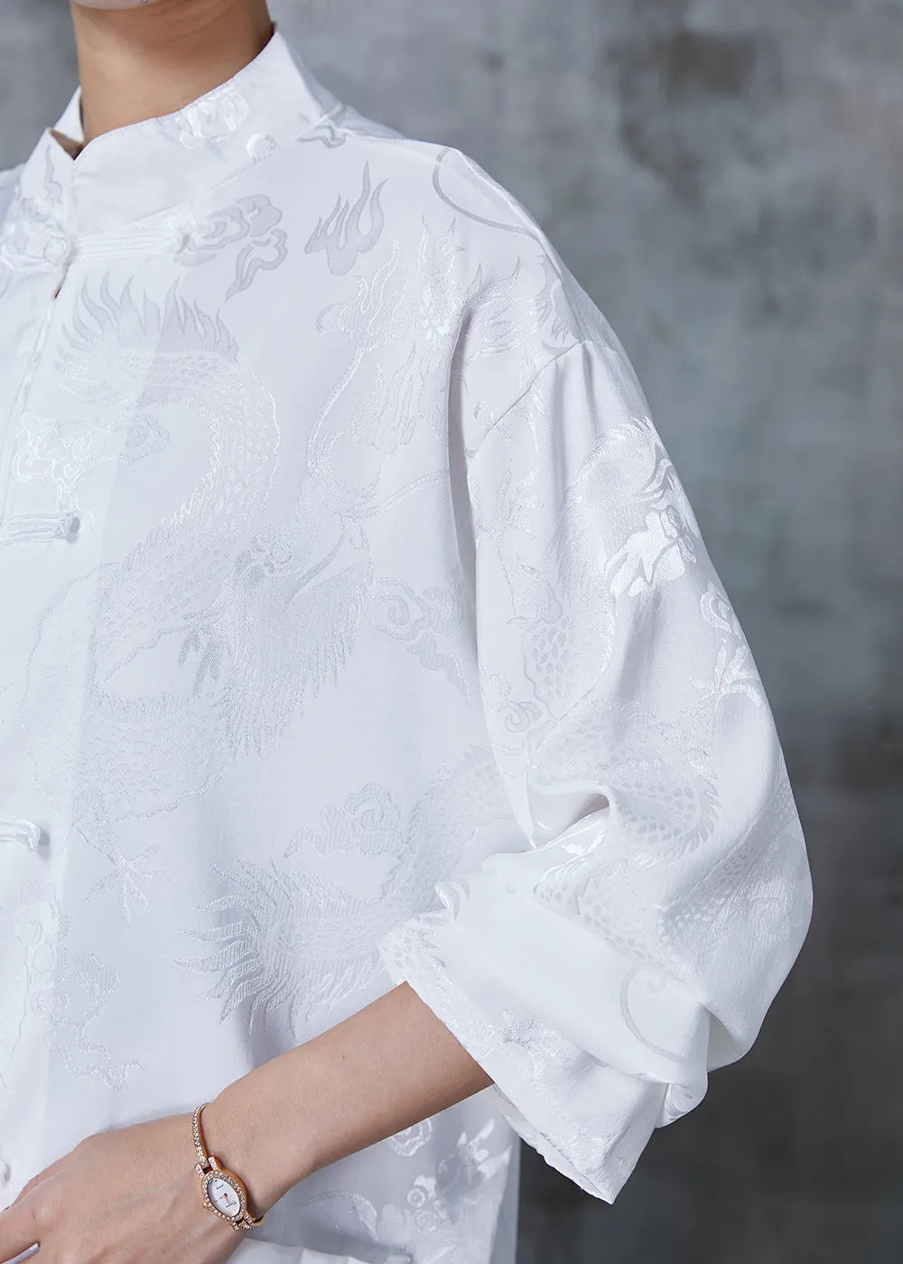White Oversized Jacquard Silk Blouse Top Spring