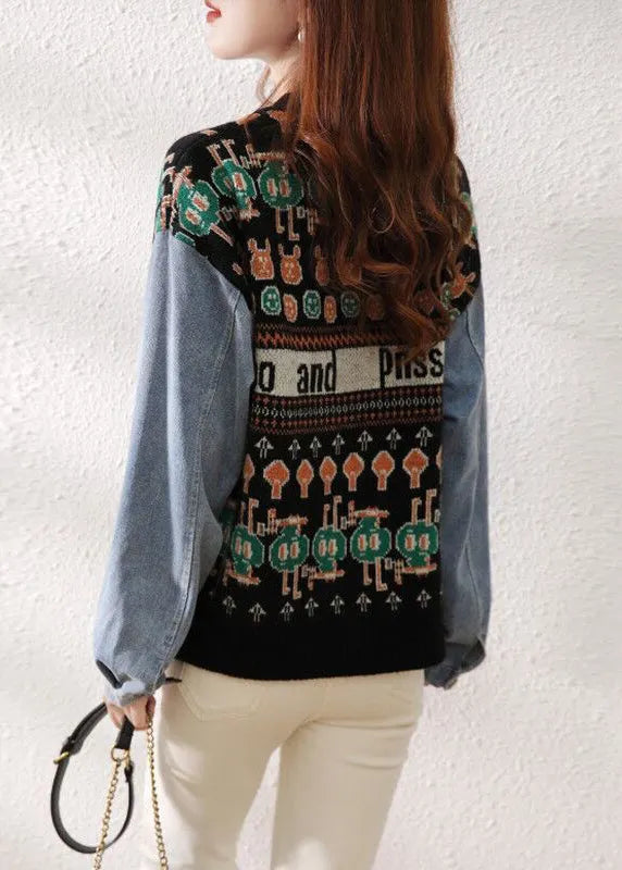 Black V Neck Button Patchwork Knit Sweaters Cardigan Fall