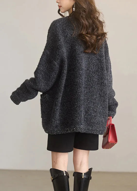 Dark Grey O Neck Sequins Woolen Cardigans Winter