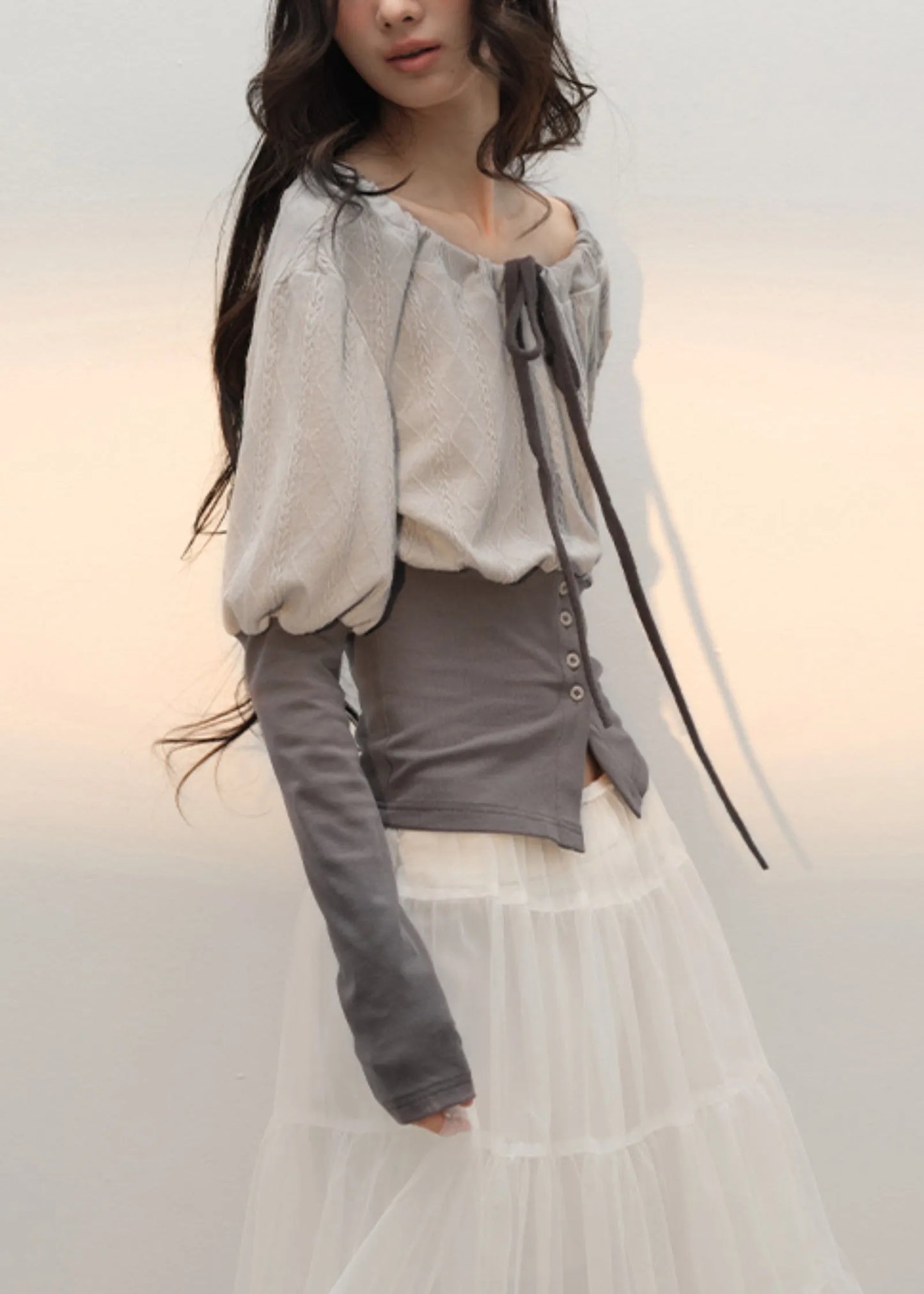 Slim Fit Grey Lace Up Patchwork Cotton T Shirts Fall