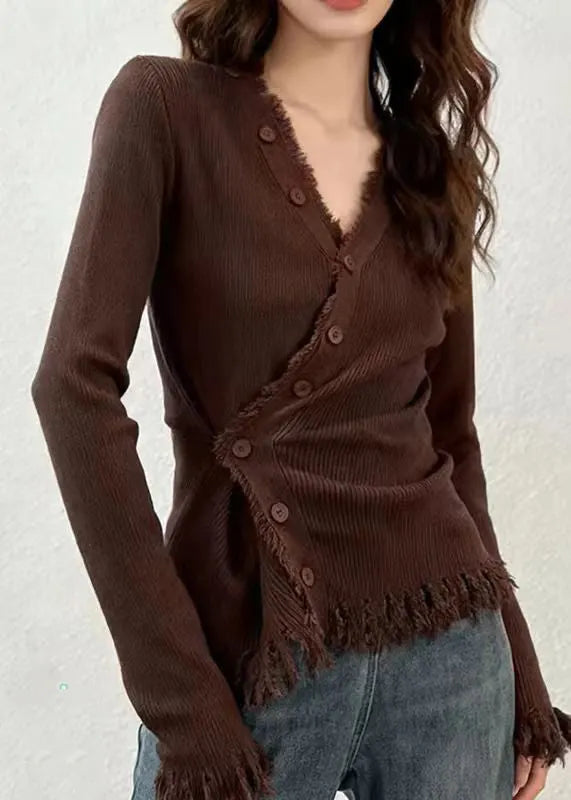Coffee V Neck Button Cotton Knit Cardigans Spring
