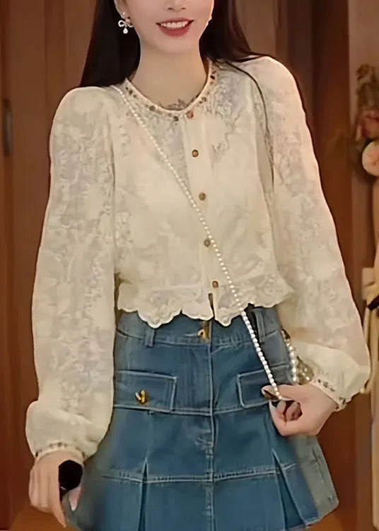French Apricot O-neck Nail Bead Lace Shirt Top Fall
