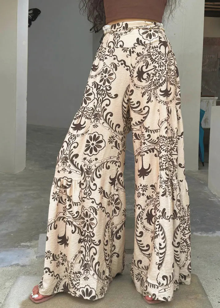 Apricot Print Cotton Wide Leg Pants Summer