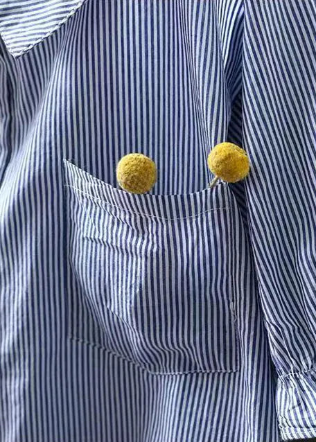 Classy Blue Peter Pan Collar Striped Cotton Shirts Summer