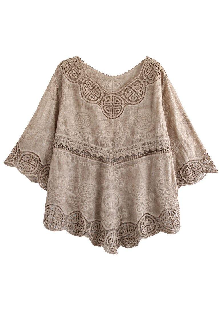 Stylish Khaki O-neck Embroidered Summer Asymmetrical Design Top