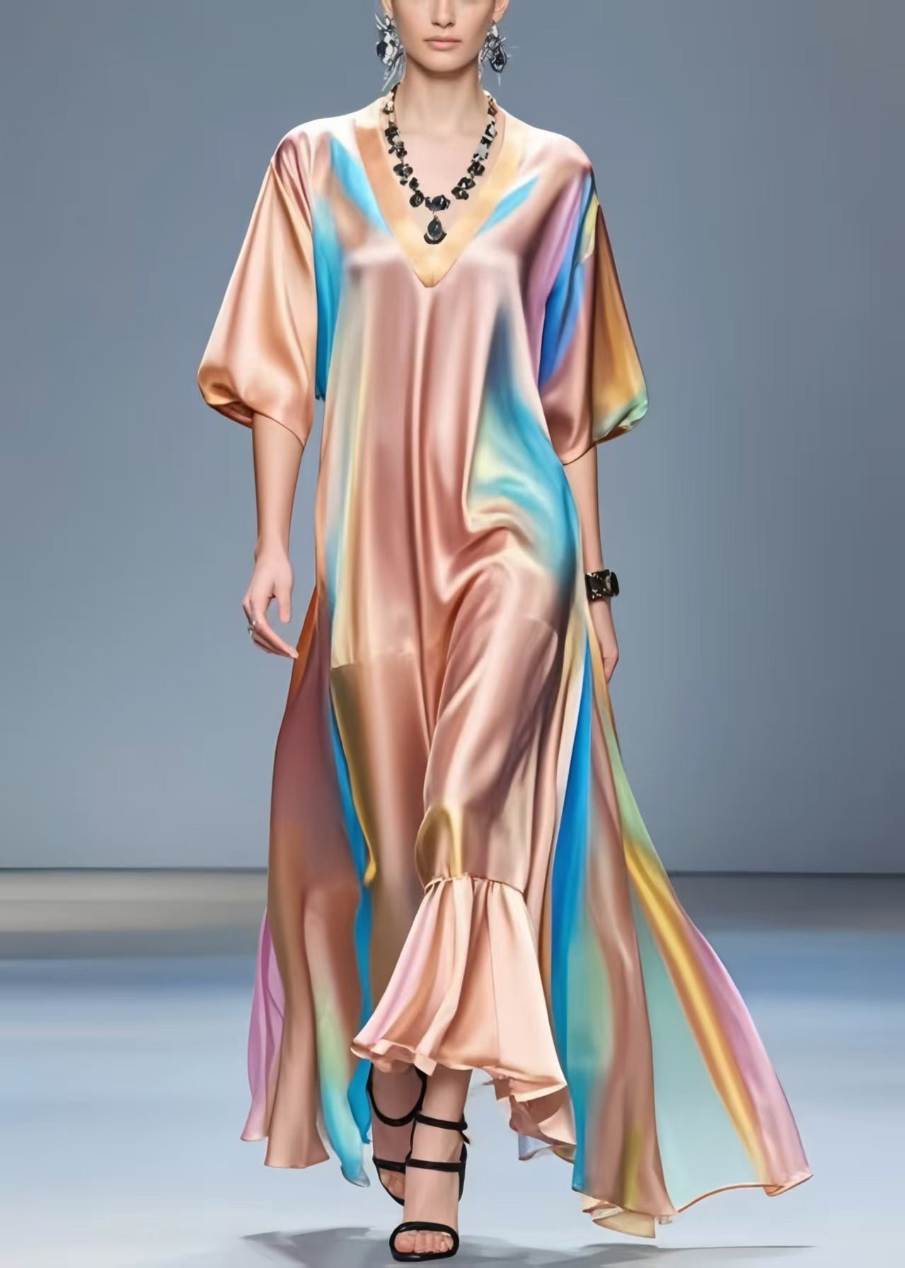V Neck Tie Dye Silk Vacation Dresses Half Sleeve