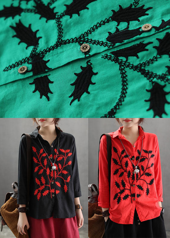 Green Cotton Blouses Turn-down Collar Branch Embroidered Long Sleeve