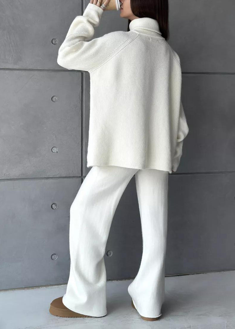 Stylish White High Neck Zip Up Knit Two Pieces Set Winter