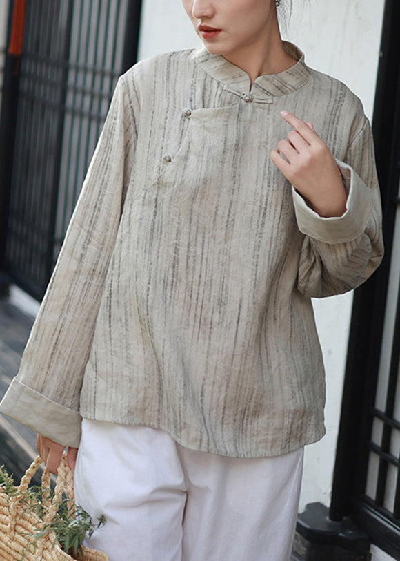 Chinese Style Khaki Stand Collar Patchwork Linen Shirts Spring