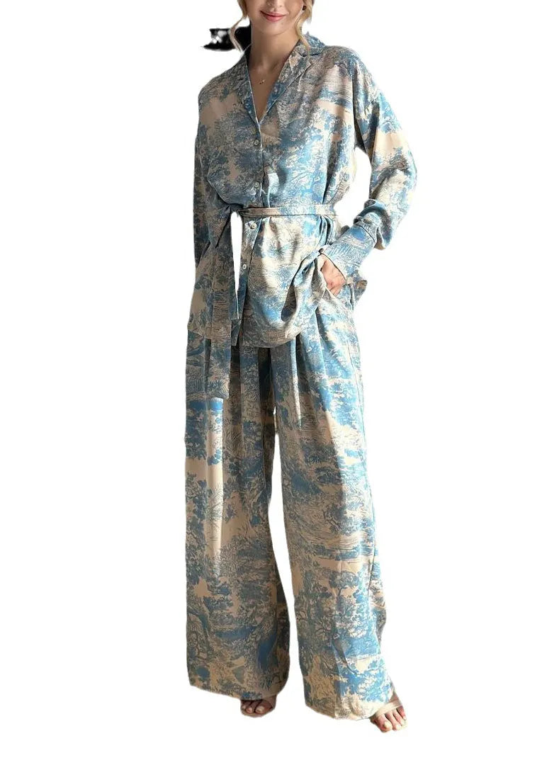 French Print Long Sleeved Lace Up Shirt and Wide Leg Pants Set