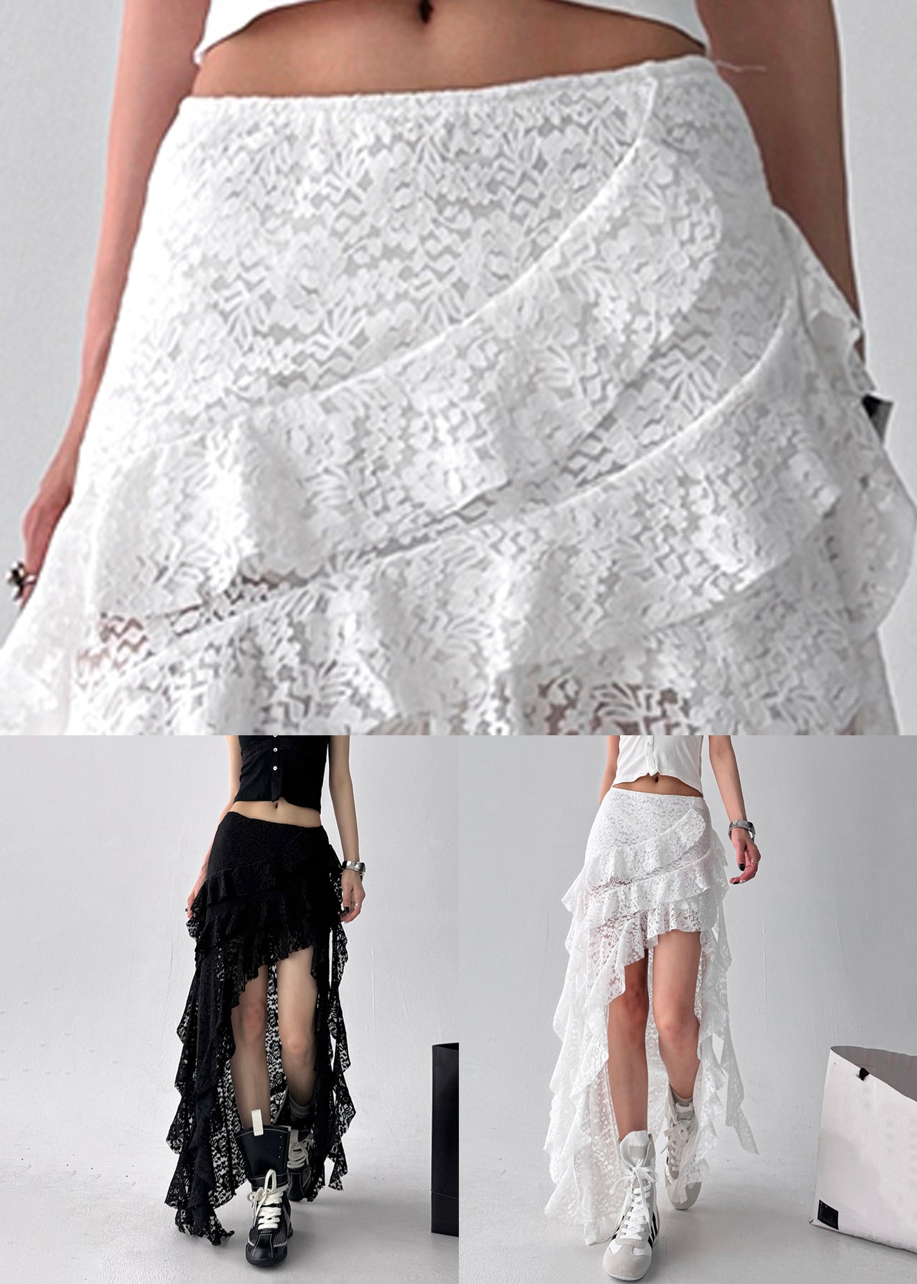 Art Black Asymmetrical High Waist Lace Skirt Summer