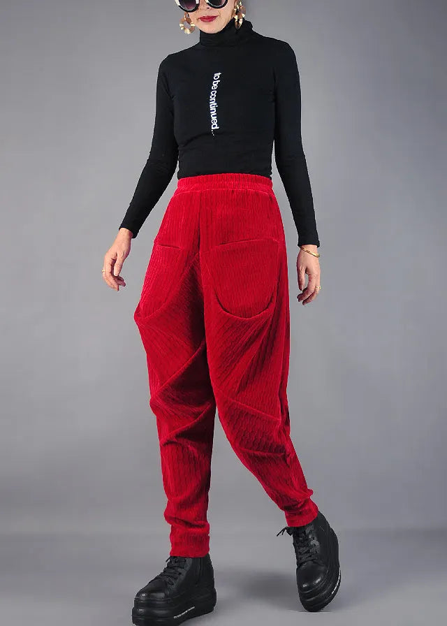 Diy Red Wrinkled Pockets Velvet Harem Pants Spring